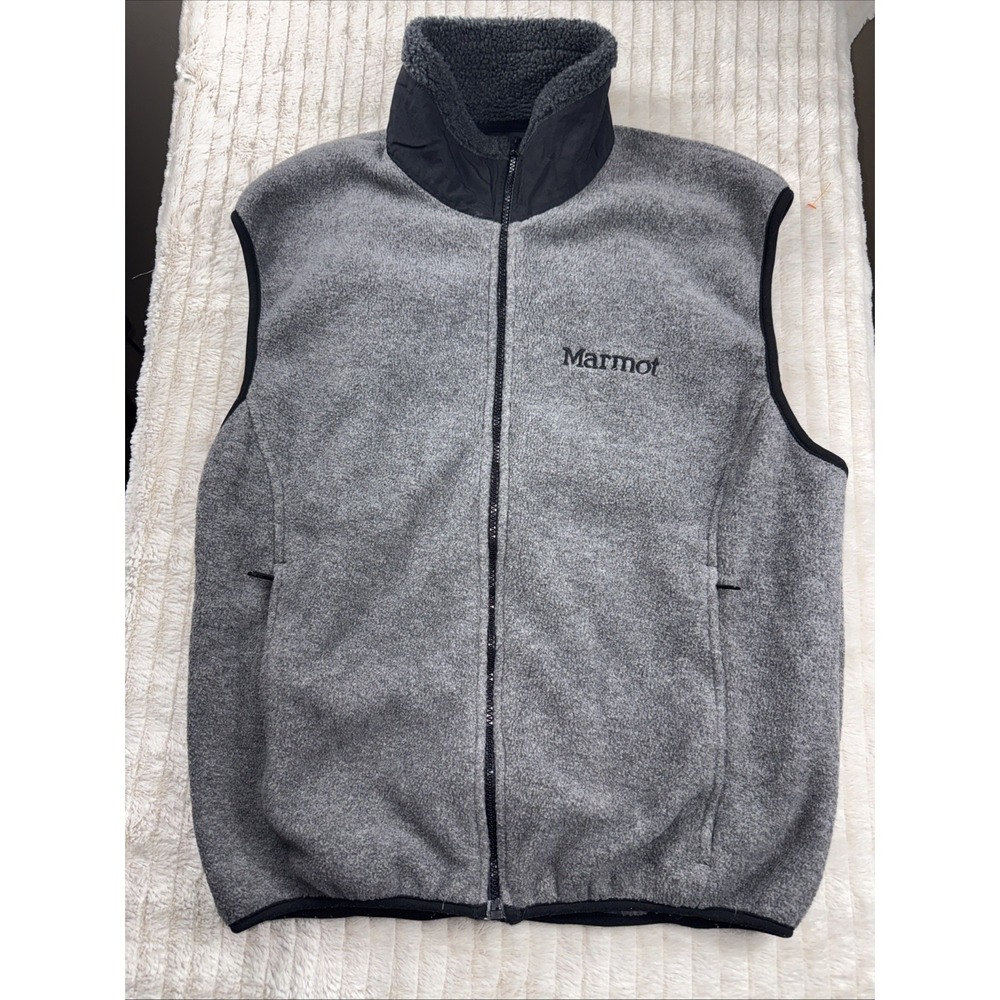 Marmot Vest Mens Medium Gray Black Polartec Fleece Lined Full Zip Hand‎ Pockets - Picture 1 of 10